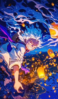 an anime character flying through the air with lanterns floating in the water behind him and on his back