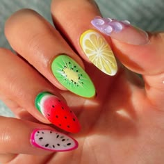 Watermelon Nail Designs, Fruit Nails, Lemon Nails, Summer Nail Designs, Cute Nail Art Designs