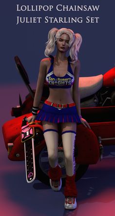 a woman in a blue and red outfit is standing next to a motorcycle with the caption jolipop chainsaw jubilee starling set