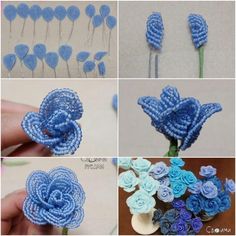 several pictures of blue flowers being made with crochet