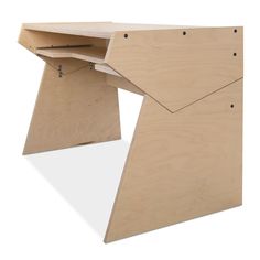 a wooden desk with an open drawer on the top and one section missing from it