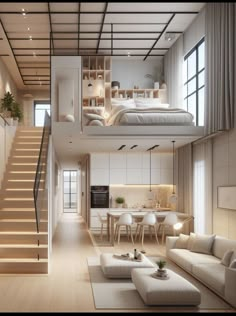 a loft bedroom with stairs leading up to the bed and dining room in the background