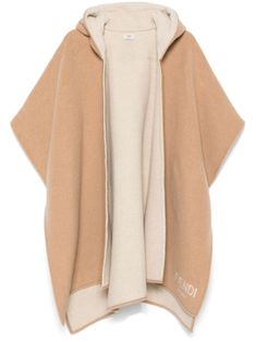 light brown virgin wool-cashmere blend brushed effect open front leather trim classic hood drop shoulder embroidered logo to the front embroidered logo to the rear contrast lining high-low hem mid-length Fendi Poncho, Luxury Winter Poncho, High Neck Coat, Poncho Coat, Womens Poncho, High Low Hem, Outerwear Coats, Front Open, Black Coat