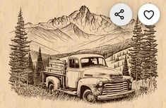 an old truck with mountains in the background and a heart on it's side