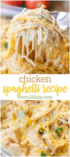 chicken spaghetti recipe in a glass bowl with a spoon full of noodles and cheese on top