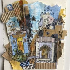 an altered collage of buildings with torn paper on it's sides and the image of a clock tower in the background