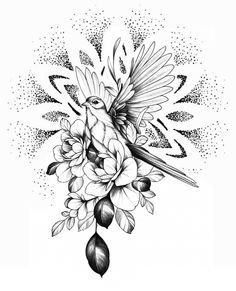 a black and white drawing of a bird on flowers with a butterfly flying around it