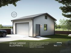 a car is parked in front of a garage with the words 20x24 garage blueprints