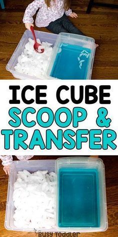 two plastic containers filled with ice cubes on top of a wooden floor next to a child