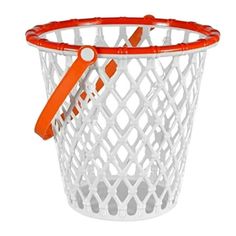 a white basket with an orange handle on the side and some plastic clips in it