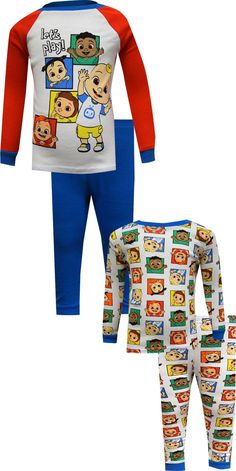 Time to have some fun! These adorable cotton pajamas for toddlers feature the much loved Cocomelon characters. There are two pair included here. They are designed to be a snug fit to comply with safety regulations. If between sizes, order up.