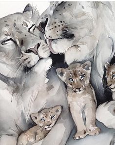 a painting of three baby lions laying on top of each other with their mother in the background