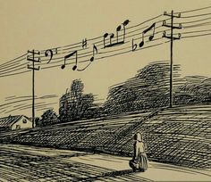 a drawing of a woman walking down the street with musical notes above her head and telephone poles in the background