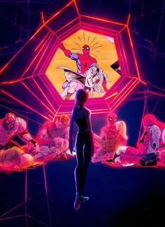 the animated character is standing in front of an array of pink and yellow objects,