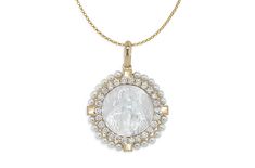 Miraculous medal in 18kt gold cross with mother of pearl and round pearls with diamonds 0.91 carats. Elegant White Miraculous Medal Jewelry, Mother Of Pearl Pendant, Pearl Jewels, Miraculous Medal, Mother Pearl, Gold Cross, Jewelry Cleaner, Beautiful Gift Boxes, Cleaning Jewelry