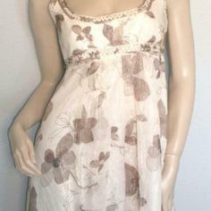 Beautiful Shimmery Ivory Floral Braided Dress Empire Waist New With Tags White Dresses With Floral Print And Empire Waist, Cream Lined Dresses For Daywear, Lined Beige Summer Dress, Summer Lined Beige Dress, Summer Beige Lined Dress, Beige Empire Waist Midi Dress For Summer, Beige Floral Print Evening Dress, Beige Silk Maxi Dress For Spring, Beige Floral Print Dress For Evening