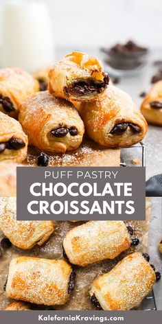 chocolate croissants with powdered sugar on top and the words, puff pastry chocolate croissants