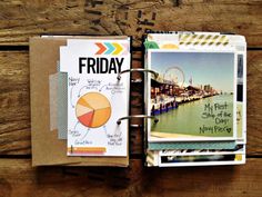 an open scrapbook with pictures and text on the cover that says, friday in front of a ferris wheel