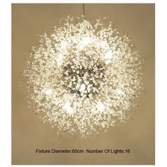 a chandelier with white flowers hanging from it's center and the words future diamer 6cm number of lights 16