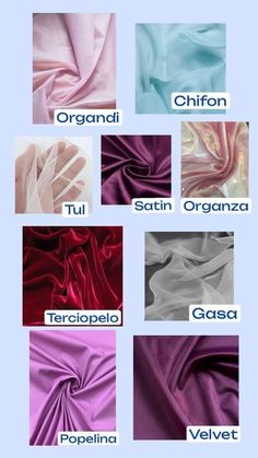 the names of different fabrics are shown in several colors and sizes, including pink, blue,