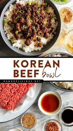 korean beef bowl with rice and sauces on the side