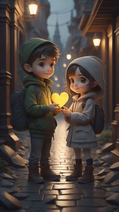 two children are standing in the street holding a heart shaped object with lights shining on them