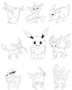 pokemon coloring pages with different types of pikachu and eevee, all in black and white