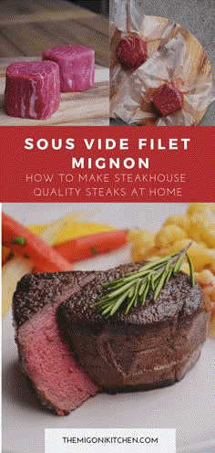 steak and potatoes on a plate with the title sous vide filet, how to make steakhouse quality steaks at home