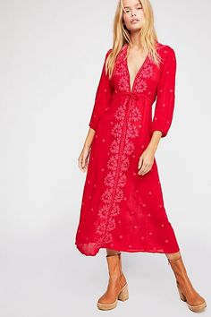 Embroidered Fable Midi Dress - Bright Red Long Sleeve V-Neck Midi Dress with Pink Embroidery Cocktail Gowns, Embroidered Maxi Dress, Prom Dress Shopping, Column Dress, Prom Dresses Online, V Neck Midi Dress, Midi Dress Casual, Denim And Supply, Online Dress Shopping