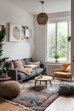 a living room filled with furniture next to a large window and potted plants on the wall