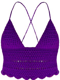 Features: Top - (Color Pictured: Purple) Triangle cups Plunging neckline Tight mesh detailing Scallop detailing at edging Strings create a crisscross design on the back Water-friendly Materials: 100% Acrylic Yarn Package Includes: 1 x Crochet Top 2 x Crochet Scrunchies 1 x Extra set of regular crochet strings for additional styling and/or adjustments 1 x Measuring tape (first-time orders only) 1 x Crochet Hook (first-time orders only) * If you are a part of our family and order regularly. Measur Xl Crochet Top, Purple Triangle, Crochet Scrunchies, Purple Design, Acrylic Fiber, Crochet Crop Top, Measuring Tape, Crochet Hook, Handmade With Love