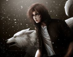 an anime character holding a wolf's head in front of snow flecks