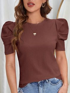 Coffee Brown Casual Collar Short Sleeve Knitted Fabric Plain  Embellished Slight Stretch Summer Women Clothing Round Neck Tees, Pink Tee, Round Neck Tops, Puff Sleeve Top, Kids Beachwear, Dusty Pink, Fashion Online Shop