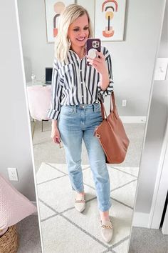 Business Casual Button-up Shirt With Vertical Stripes, Striped Button-up Blouse For Office, Striped Button-up Blouse For Business Casual, Striped Button Up Shirt Outfit, Striped Button-up Blouse For Day Out, Everyday Button-up Shirt With Striped Collar, Preschool Teacher Outfits, Loafers Outfits, Thrifty Fashion