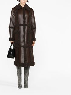 Long Brown Coat, Stand Studio, Faux Leather Coat, Leather Stand, Brown Coat, Leather Pieces, Contrast Trim, Boots Outfit, Leather Coat