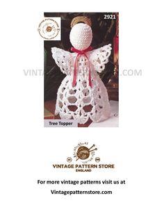 a crocheted angel with a red bow on it's head and the text vintage pattern store for more vintage patterns visit at vintagestor com