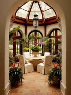 the inside of a house with lots of plants and potted plants on the table