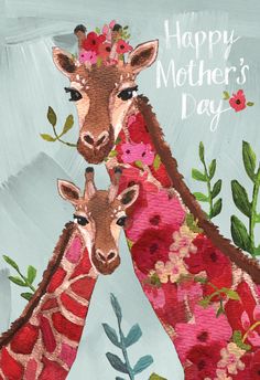 two giraffes with flowers on their necks and the words happy mother's day