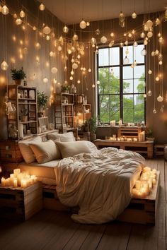 a bedroom with lots of lights hanging from the ceiling and on the bed, in front of a large window