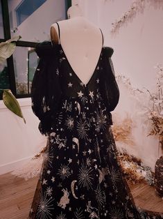 Star And Moon Wedding Dress, Boho Tulle Dress, Black Celestial Wedding Dress, Space Gown, Flora And Lane, Rock Wedding Dress, Witchy Wedding Dress, Moon Wedding Dress, Stars Wedding Dress