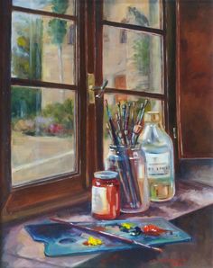 an oil painting of paintbrushes and jars on a table next to a window