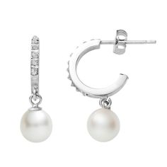 Simply irresistible. These 14k white gold freshwater cultured pearl hoop earrings are the perfect finishing touch.    Round hoops offer classic flair.    Freshwater cultured pearls add iridescent appeal.    Diamond accents sparkle with style.    White gold construction shines on and on.    Post backings promise worry-free wear.    Details:            Online exclusive        6 1/2-mm cultured pearls        3/4-in. length        Pierced        14k white gold        Image(s) may be enlarged to show White Gold Hoop Pearl Earrings For Anniversary, Formal White Gold Hoop Pearl Earrings, Anniversary White Gold Hoop Earrings With Pearl Drop, Anniversary Pearl Drop Hoop Earrings Fine Jewelry, Anniversary Pearl Drop Hoop Earrings, White Pearl Drop Hoop Earrings In 14k Gold, Nickel-free White Gold Pearl Earrings, White Gold Clip-on Pearl Earrings Fine Jewelry, White Clip-on Pearl Earrings Fine Jewelry