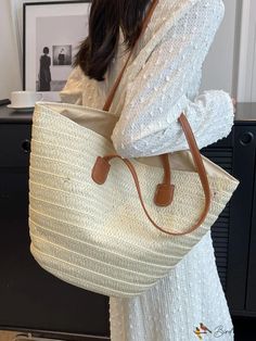 BirdinBag - Womens Large Straw Woven Tote - Beach Shoulder Bag with Weaving Detail Casual White Woven Bag, Casual Cream Bag With Braided Handles, Casual Cream Shoulder Bag With Braided Handles, Casual Cream Satchel With Braided Handles, White Woven Shoulder Bag With Double Handle, White Woven Hobo Bag For Travel, Woven Canvas Shoulder Bag For Daily Use, Cream Woven Satchel Bag, Cream Woven Satchel Shoulder Bag