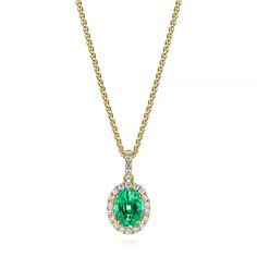 106536 14k Yellow Gold Pendant   Emerald - .74 ctw   Diamonds - .22 ctw   Clarity: SI - Color: H-I   18'' Chain. This gorgeous pendant features at its center a .74 ctw oval emerald. It can be matched with these Oval Emerald and Diamond Earrings and worn as a set. This piece would make the perfect gift to honor a special bond in your life, or even treat yourself to it. You can always personalize any item, request customization or start your own project. Design Your Own Pendant   Whether you choos Oval Yellow Gold Necklace With Halo Setting, Emerald And Diamond Earrings, Halo Style, Halo Pendant, Emerald Color, Yellow Gold Pendants, Shop Engagement Rings, Oval Diamond, Unique Engagement Rings