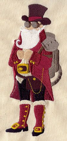 a santa clause is holding a mouse in his hand and wearing red boots, with a white beard