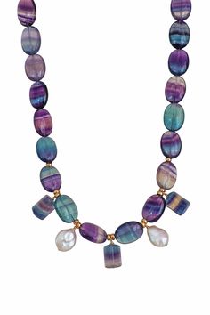 Smooth fluorite gemstones with beautiful freshwater pearls and 14k gold filled accents. Measurement: 17" + 2" inch extender Kei Jewelry, Unique Gemstones, Plated Jewelry, Style Gift, Layered Look, Gold Plated Jewelry, Puerto Rico, Gold Chains, Freshwater Pearls