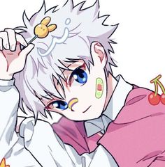 an anime character with white hair and blue eyes holding his hand up to his head