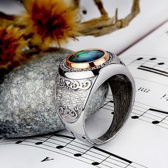 925 Sterling Silver Men's Ring with Natural Blue Abalone - J F M Silver Opal Ring With Inlay, Finger Ornaments, Gems Ring, Ring For Man, Silver Mens Ring, Mens Gemstone Rings, Big Ring, Sterling Silver Mens Rings, Paua Shell