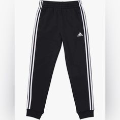 Adidas Fleece Jogger Pants Sweatpants Normal Length Slim Pant 3 Stripe Details Side Pockets Ribbed Ankle Cuffs New With Tags Adidas Sweatpants With Elastic Waistband, Adidas Jogging Pants With Three Stripes, Sportswear Pants With Three Stripes Branding, Sportswear Pants With Three Stripes For Loungewear, Adidas Athleisure Joggers, Sportswear Lounge Pants With Side Stripes, Adidas Athleisure Pants With Elastic Waistband, Adidas Sporty Sweatpants, Black Cotton Joggers With Side Stripes