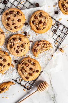 chocolate chip cookies cooling on a wire rack